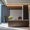 时尚的金融公司办公室前视图，极简主义而优雅，索尼A7 R IV，85毫米镜头，现代风格，高光和皮革材料，冷色调照明，明亮的早晨阳光，现代灯具