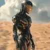 沙漠中的机器人站立，以eve venture的风格，液态金属，artur tarnowski，动态动作，标志性，迈克·阿鲁，32 k uhd
