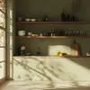 真实感，厨房，架子，橄榄绿，极简主义，阳光，4k，超现实，objet --ar 1：1