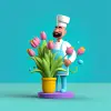 有趣的网络3D插图，好奇的厨师，古怪的姿势，作者：Josh Agle，异想天开的美学，大胆的调色板，嫩绿，郁金香花，天蓝色背景--v 5.1 --原始风格