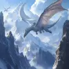Visualize a scene of students training on dragons, soaring high above majestic mountains. The dragons are large, with gleaming scales and powerful wings, creating a sense of awe and adventure