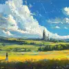 未来派科幻景观，农村地区   未来，美丽的风景，丙烯酸绘画，Pixiv粉丝盒的趋势，调色板刀和画笔，新海真的风格杰米·怀斯詹姆斯·吉拉德爱德华·霍普格雷格·鲁特科斯基工作室吉卜力根信的影响