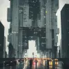 一座反乌托邦大城市，新野蛮主义建筑呈灰色，有很多汽车和人经过 