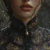 专注面孔的女性，黑金连衣裙。站在小雨中。胸前滴着逼真的雨水。超现实主义，浪漫主义，特写镜头，蓝色骑手，32 k uhd warmcore，详细的角色插图