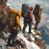 Grupo de viajeros con mochilas escalando una montaña，专业不祥的概念艺术，作者：artgerm和greg rutkowski，一幅复杂、优雅、高度详细的数字绘画，概念艺术，流畅、尖锐的焦点，插图，西蒙·斯塔伦哈格（Simon stalenhag）、韦恩·巴洛（Wayne Barlowe）和伊戈尔·基耶里卢克（Igor kieryluk）的风格--