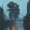 将西蒙·斯塔伦哈格'的未来主义愿景与疯狂和视觉扭曲元素、花哨的建筑、监狱般的高楼、富人和贫困地区的可见划分、美国反乌托邦、污染、贫困、衰落、技术与超现实建筑相结合的城市景观、赛博朋克，融入数字细节和迷人的氛围，玩弄灯光来凸显技术创新和改变的感知之间的二元性，一种有影响力的绝望，一个奇妙的景色，一个详细而复杂的景色。以及质量背景。旧胶片纹理、四方色、铁锈风格、vantablack光环、黄金比