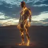 Meta Human站在开阔的沙漠夜晚，全身都有像静脉一样的生物发光裂缝