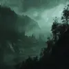 深绿色景观体现了心理学和操纵元素，绿色和黑色之间的强烈对比，笼罩在黑暗、阴雨的氛围中，传达悲伤、8 k、超现实、戏剧性的灯光。