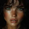 一头黑发的模特，daz 3d风格，特写，朦胧，波浪，棕色，tondo，ferrania p30 --ar 63：64 --styleston 750