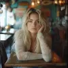 a blonde woman with long hair leans on a chair, in the style of social media portraiture, earthcore, coastal scenes, smilecore, fujifilm eterna 500t, lively tavern scenes, rusticcore --ar 63:64 --styl