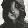 一幅画，一个长发遮住脸的女孩，采用oliver wetter、paul hedley的风格，波浪形，单哈，高分辨率，插图--ar 77：78 --styminster 750 --v 6