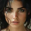 a model with curly black hair, in the style of daz3d, close-up, hazy, wavy, brown, tondo, ferrania p30 --ar 63:64 --stylize 750