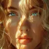 一位金发碧眼的女人，电影灯光风格，浅橙色和白色，reefwave，32 k uhd，流行音乐，迷人的凝视--ar 73：75 --styminster 750 --v 6