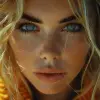一位金发碧眼的女人，电影灯光风格，浅橙色和白色，reefwave，32 k uhd，流行音乐，迷人的凝视--ar 73：75 --styminster 750 --v 6