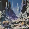 n the style of Roger Dean, in the style of John Berkey, distant view of an alien city with white spires and walls made from smooth black rocks. In the foreground is an open area full of giant sea snai