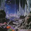 以罗杰·迪恩（Roger Dean）的风格，以约翰·伯基（John Berkey）的风格，一座外星城市的远景，有白色尖顶和光滑的黑色岩石制成的墙壁。前景是一片开阔的区域，里面有巨大的蜗牛、螃蟹、海星、珊瑚，天空蔚蓝，淡紫色、灰色、银色。低角度拍摄提供视角。--ar 61：64 --v 6.0 