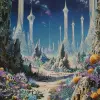 以罗杰·迪恩（Roger Dean）的风格，以约翰·伯基（John Berkey）的风格，一座外星城市的远景，有白色尖顶和光滑的黑色岩石制成的墙壁。前景是一片开阔的区域，里面有巨大的蜗牛、螃蟹、海星、珊瑚，天空蔚蓝，淡紫色、灰色、银色。低角度拍摄提供视角。--ar 61：64 --v 6.0 