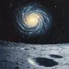 一个星系在空荡荡的月球表面上空盘旋，以约翰·哈里斯的风格绘制。--ar 109：122 