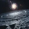 A galaxy spirals in the sky over an empty lunar surface, illustrated in the style of John Harris. --ar 109:122 