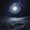 A galaxy spirals in the sky over an empty lunar surface, illustrated in the style of John Harris. --ar 109:122 