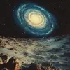 一个星系在空荡荡的月球表面上空盘旋，以约翰·哈里斯的风格绘制。--ar 109：122 