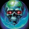 80年代幻想，漂浮的球体金属头骨，有着红眼睛和尖牙，周围环绕着绿色气体，位于蓝色星球上的外星空间站旁边的海洋中，安娜·迪特曼（Anna Dittman）风格，鲍里斯·瓦列霍（Boris Vallejo）风格，萨姆·韦伯（Sam Weber）风格，克莱德·考德威尔（Clyde Caldwell）风格，漫画封面风格插图--ar 7：8 --v 5.2 