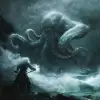 一个白毛皮男子在岸边与巨型章鱼搏斗，一幅约翰·马丁风格和卡瓦乔风格的黑暗奇幻风格画作，阴郁的气氛，戏剧性的光线。--ar 55：64 --v 6.0