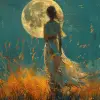 一幅描绘了一个女孩在满月下行走在田野中的画作，优雅的动作风格，橙色和蔚蓝，腓尼基艺术，花朵的力量，现实而浪漫，图画织物，舞蹈--ar 37：43 --styleum 750 --v 6