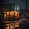 一张照片拍摄的是夜间一家空荡荡的餐厅外部，中间距离是一个小集装箱办公室，里面有灯光，场景略带橙色，照明风格类似路灯。--v 5.2 --ar 128：127
