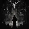 黑白点画插图，描绘了巴弗米特山羊牧师在撒旦教堂举行的黑色魔法仪式上的黑白点画，火焰、黑暗美学、黑色背景、高对比度，具有Zdzisaw Beksiziğski的风格。--ar 73：72 --v 5.2
