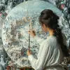 画家的调色板是各种绘画工具的艺术安排场景，穿着白色连衣裙的女人手持画笔，周围是白雪覆盖的风景、繁华的城市、欢乐的人物和错综复杂的细节。重点是面部，风格类似超现实主义和奇幻风格的油画。--ar 128：127 --s 250 --v 6.0 --风格原始