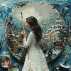 画家的调色板是各种绘画工具的艺术安排场景，穿着白色连衣裙的女人手持画笔，周围是白雪覆盖的风景、繁华的城市、欢乐的人物和错综复杂的细节。重点是面部，风格类似超现实主义和奇幻风格的油画。--ar 128：127 --s 250 --v 6.0 --风格原始