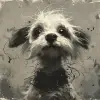 一只头发凌乱的狗的插图，以异想天开的儿童读物插画家的风格，颗粒状的黑白照片，道格·海德，威廉敏娜·韦伯弗隆，情感表达，纠结的巢穴，粗糙的纹理--ar 74：73 --styleum 750 --v 6