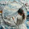 The painter's palette is an artistically arranged scene of various painting tools, with the woman in her white dress holding one paintbrush and surrounded by snow-covered landscapes, bustling citi