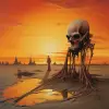 莫比乌斯，沙子和骨头的沙漠，橙色天空和死龙骨架为背景，Zdzisaw Beksiłski风格的奇幻艺术风格绘画--v 5.2 --ar 128：125 