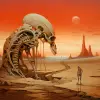 莫比乌斯，沙子和骨头的沙漠，橙色天空和死龙骨架为背景，Zdzisaw Beksiłski风格的奇幻艺术风格绘画--v 5.2 --ar 128：125 