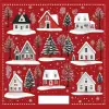 red and white Christmas themed houses and trees pattern, sticker sheet, with a photo realistic winter wonderland theme on a red background, in the style of clip art with a white outline border and whi