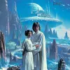 70年代黑暗奇幻书籍封面艺术莱娅公主和卢克·天行者站在蓝天科幻外星建筑前，未来派城市景观背景，莱娅公主身上的白袍，拉里·埃尔莫尔风格--v 6.0 --ar 128：113