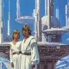 70年代黑暗奇幻书籍封面艺术莱娅公主和卢克·天行者站在蓝天科幻外星建筑前，未来派城市景观背景，莱娅公主身上的白袍，拉里·埃尔莫尔风格--v 6.0 --ar 128：113