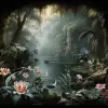 《荷花池里的鸭子》是以Jan van Scorel风格绘制的，神秘的背景、Philippp Otto Runge、Francesco Albani、大气环境、神秘的丛林、深灰色和绿松石色--v 5.2 --ar 97：84