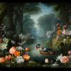 《荷花池里的鸭子》是以Jan van Scorel风格绘制的，神秘的背景、Philippp Otto Runge、Francesco Albani、大气环境、神秘的丛林、深灰色和绿松石色--v 5.2 --ar 97：84