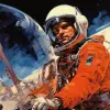 20世纪70年代的科幻小说书插图，描绘了一名宇航员穿着宇航服在船上的宇航员，风格类似于约翰·伯基、弗兰克·弗雷泽塔和莫比乌斯。--ar 19：16 --style raw --v 5.2 