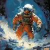 20世纪70年代的科幻小说书插图，描绘了一名宇航员穿着宇航服在船上的宇航员，风格类似于约翰·伯基、弗兰克·弗雷泽塔和莫比乌斯。--ar 19：16 --style raw --v 5.2 