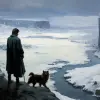 The man stands on the edge of an icy cliff, overlooking vast snow-covered plains and distant mountains under a dark sky with swirling mist. In front of him is his fox in light blue fur sitting down to