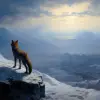 The man stands on the edge of an icy cliff, overlooking vast snow-covered plains and distant mountains under a dark sky with swirling mist. In front of him is his fox in light blue fur sitting down to