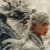 一个住在山洞里的白发中国男孩，神仙，戴着白豆腐，戴着头巾，身边有一条中国龙，日本浮世绘风格，中国童话般的风景，白雪朦胧，身姿优美--ar 13：10 --s 750 --v 6.0