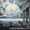 这幅画描绘了一座古罗马宫殿的废墟，上方天空中有黑白云。阳台一侧矗立着一座雕像，俯瞰下方的大海。风格古典，构图对称，色调深色。它拥有广角镜头、神秘的氛围、强烈的光影对比。细节以现实主义的风格呈现，带有宗作hanga风格的沉思情绪。--ar 128：95 --v 5.2