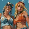 两个女人的艺术品，风格为Jamie Hewlett、Hirohiko Araki、piratepunk、emerico imre toth、天蓝、DC漫画、rollei prego 90 --ar 104：77 --s 250 --v 6.0 --风格原始