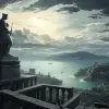 这幅画描绘了一座古罗马宫殿的废墟，上方天空中有黑白云。阳台一侧矗立着一座雕像，俯瞰下方的大海。风格古典，构图对称，色调深色。它拥有广角镜头、神秘的氛围、强烈的光影对比。细节以现实主义的风格呈现，带有宗作hanga风格的沉思情绪。--ar 128：95 --v 5.2