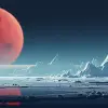 天空中有一轮红色月亮的冰行星，采用Ralph McQuarrie和Roger Dean的风格--v 5.2 --ar 128：93